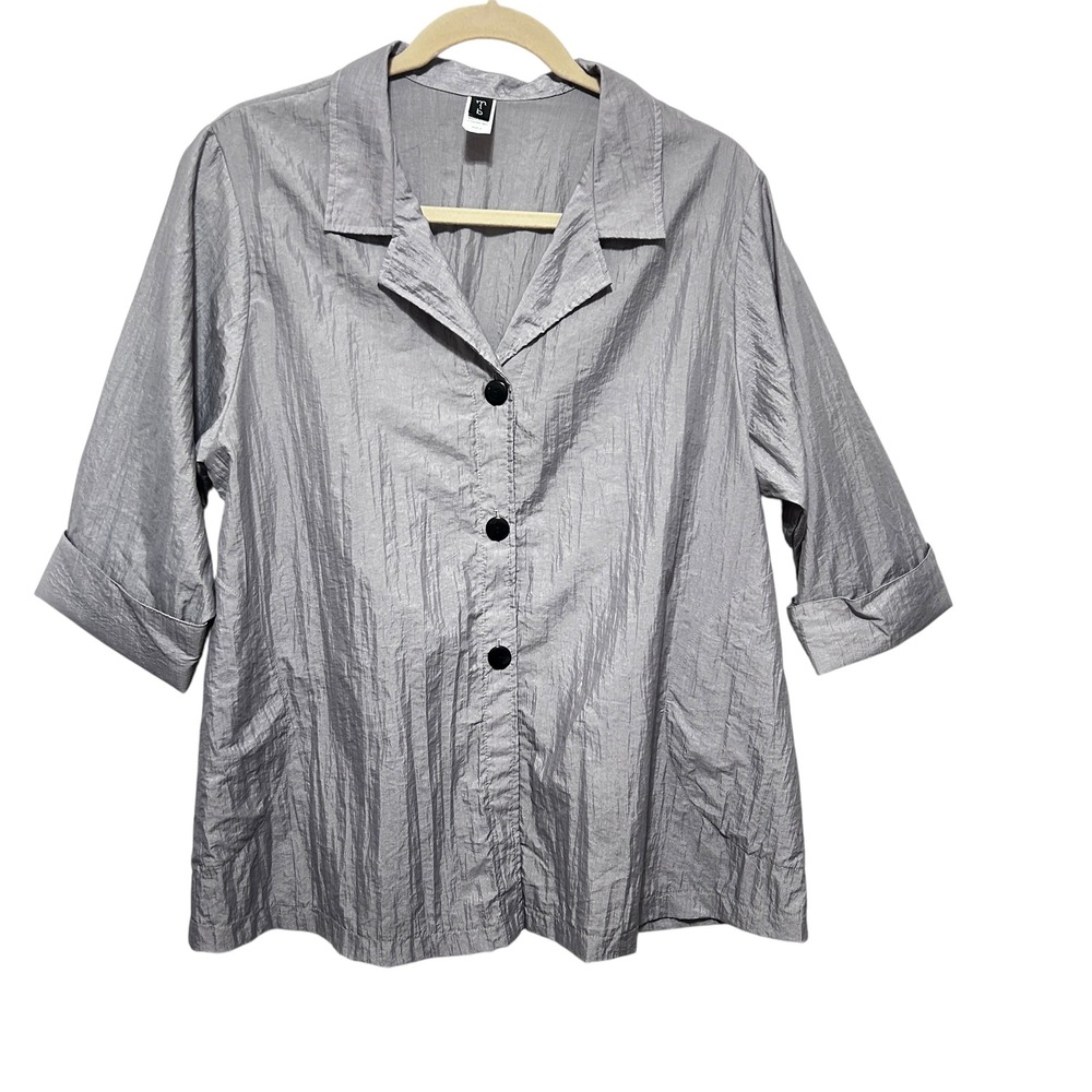 Womens Silver Metallic Crinkle Button Up Top 2X Oversized Lagenlook Artwear